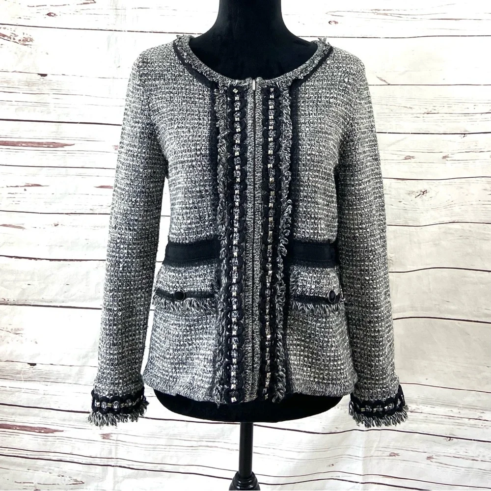 White House Black Market Jacket‎ Women’s Medium Black/White Full Zip Tweed.